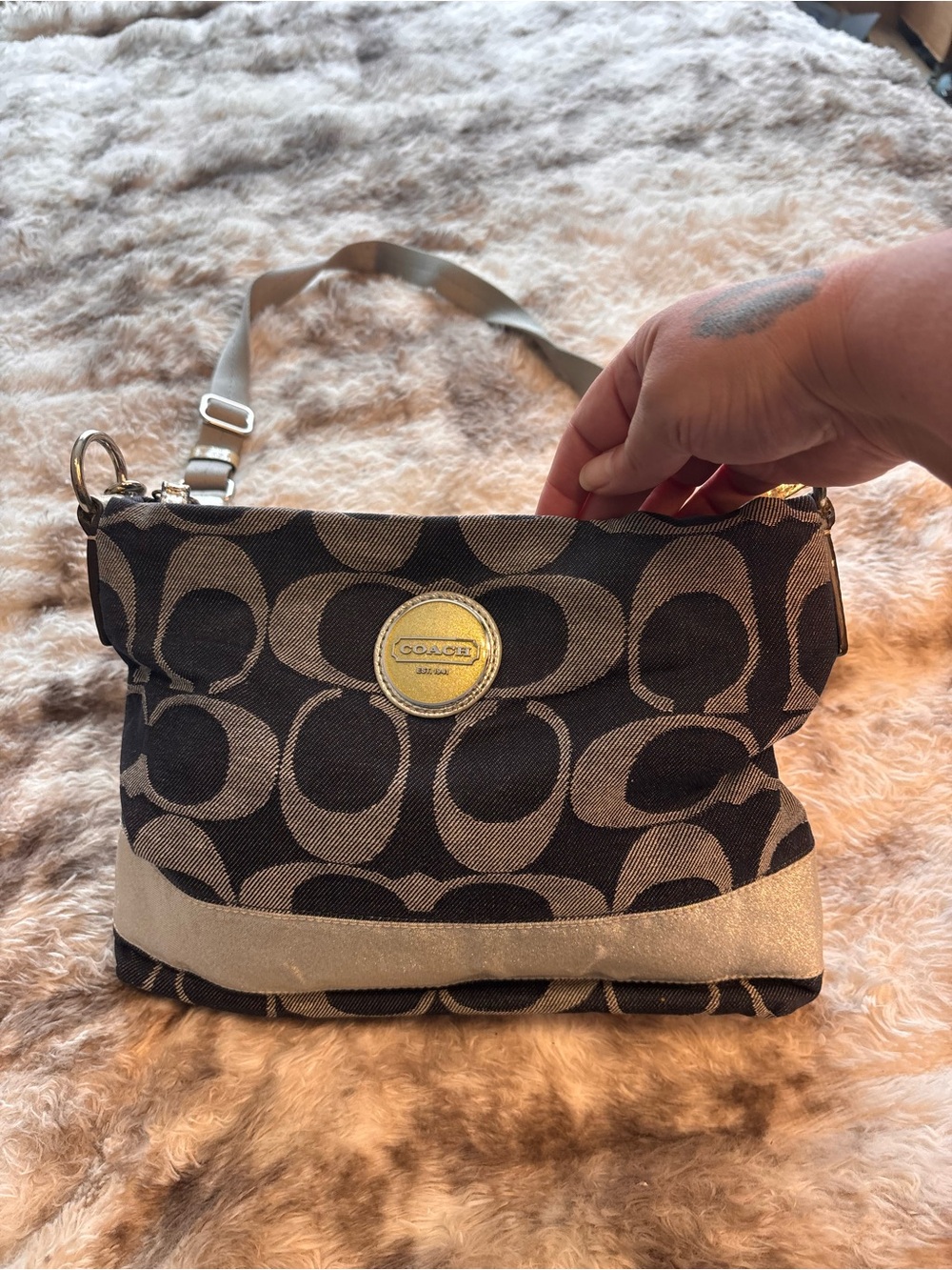 Coach Denim and Silver Signature Crossbody With Gold Logo